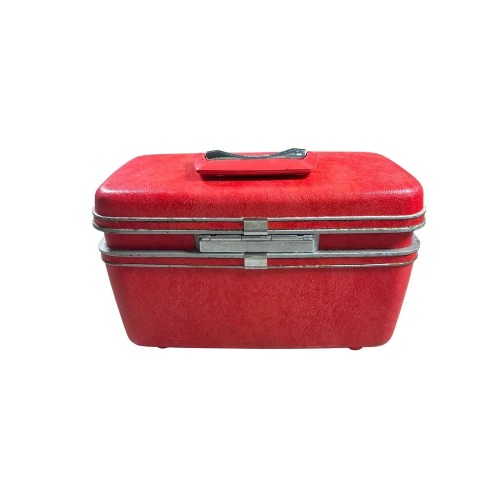 Vintage Samsonite Silhouette Train Case Red Hard Shell Makeup Vanity Box Keys